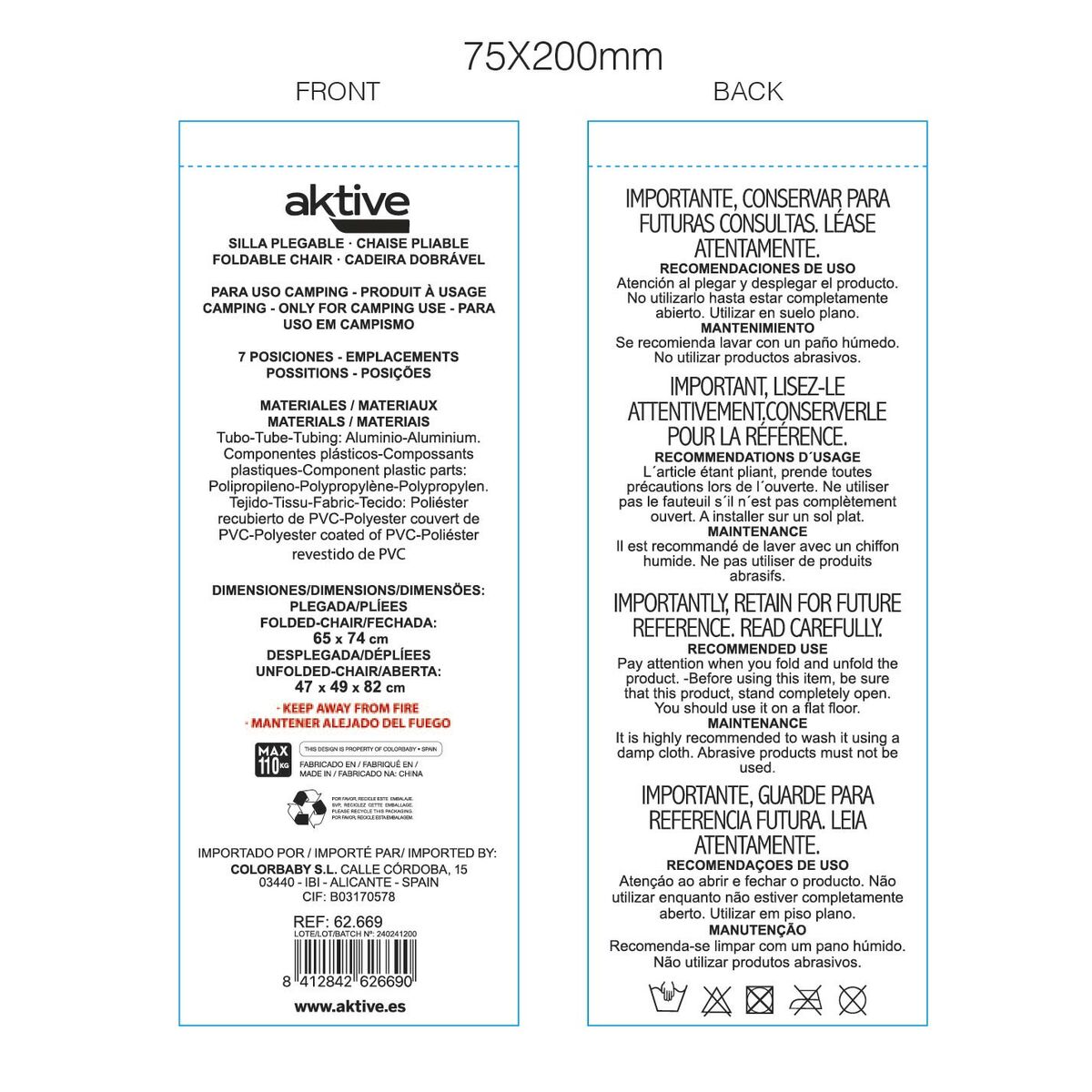 Καρέκλα στην παραλία Aktive 47 x 82 x 49 cm (x2)