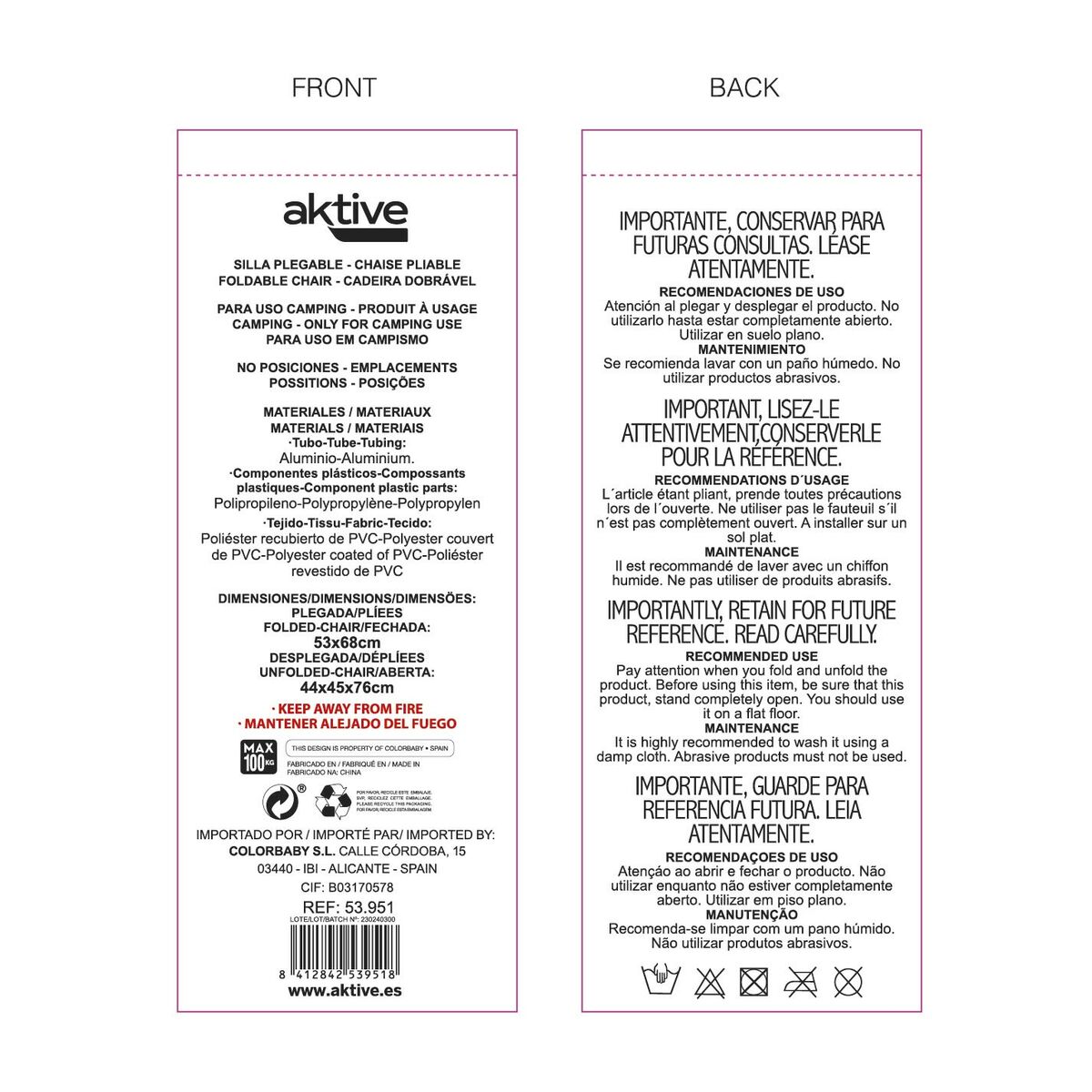 πτυσσόμενη καρέκλα Aktive Ναύτης 44 x 76 x 45 cm (4 Μονάδες)