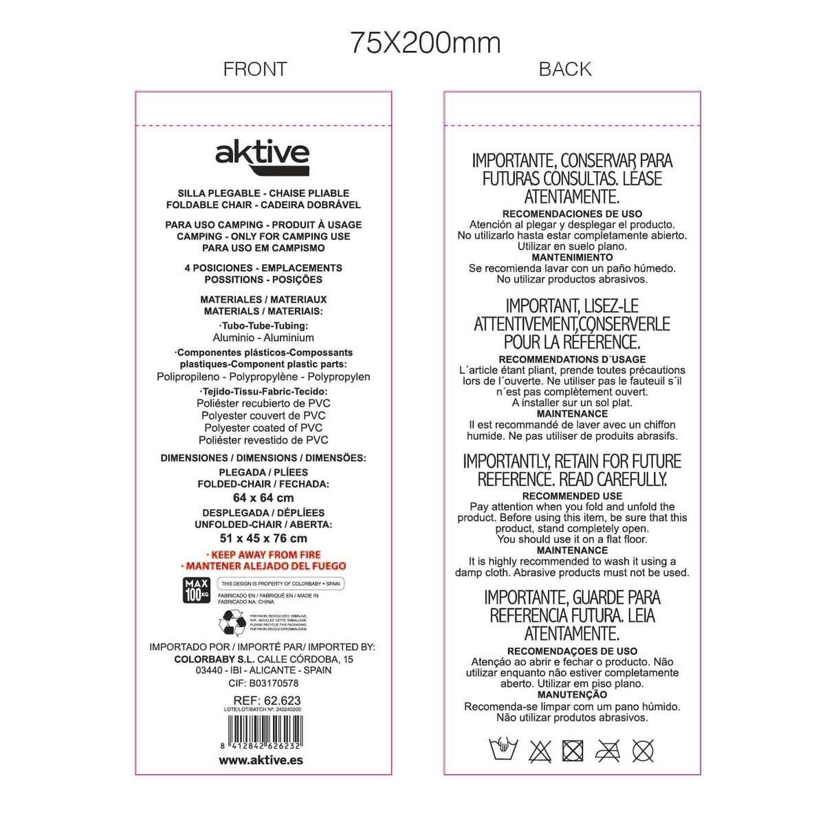 Αναδιπλούμενη Καρέκλα με Προσκέφαλο Aktive Ibiza Μπεζ 51 x 76 x 45 cm (x2)