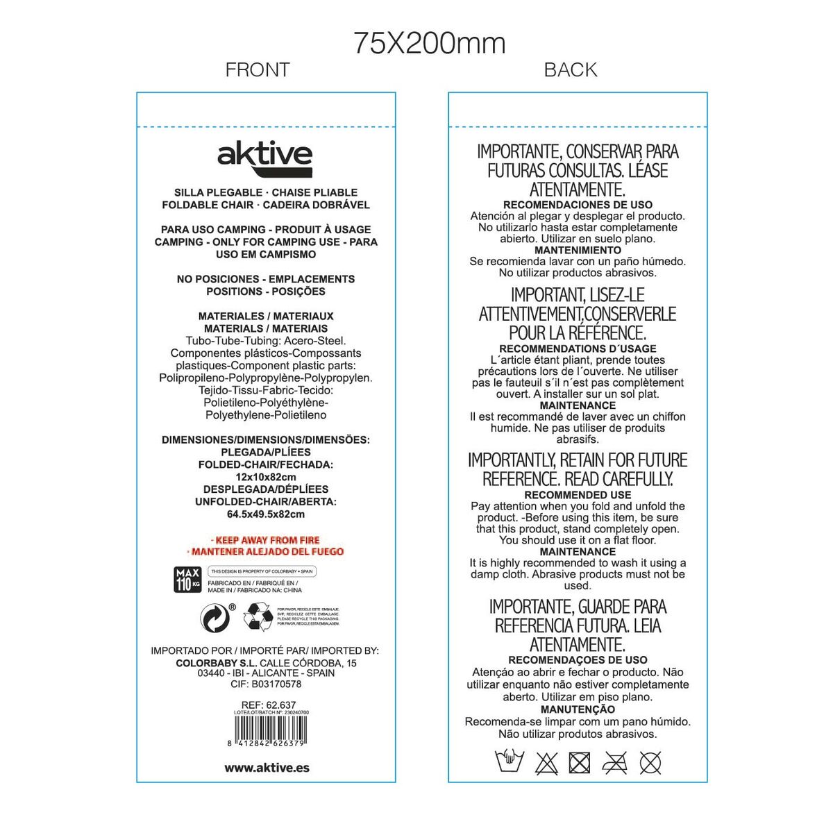 πτυσσόμενη καρέκλα Aktive Ναύτης 45 x 82 x 47 cm (4 Μονάδες)