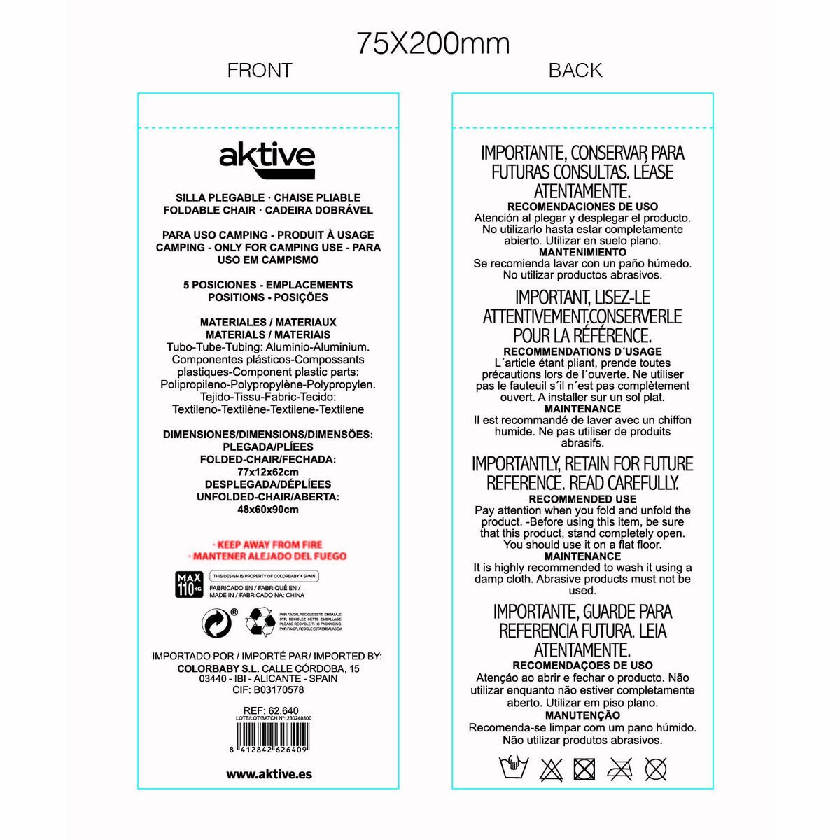 πτυσσόμενη καρέκλα Aktive Ριγέ 48 x 90 x 60 cm (x2)