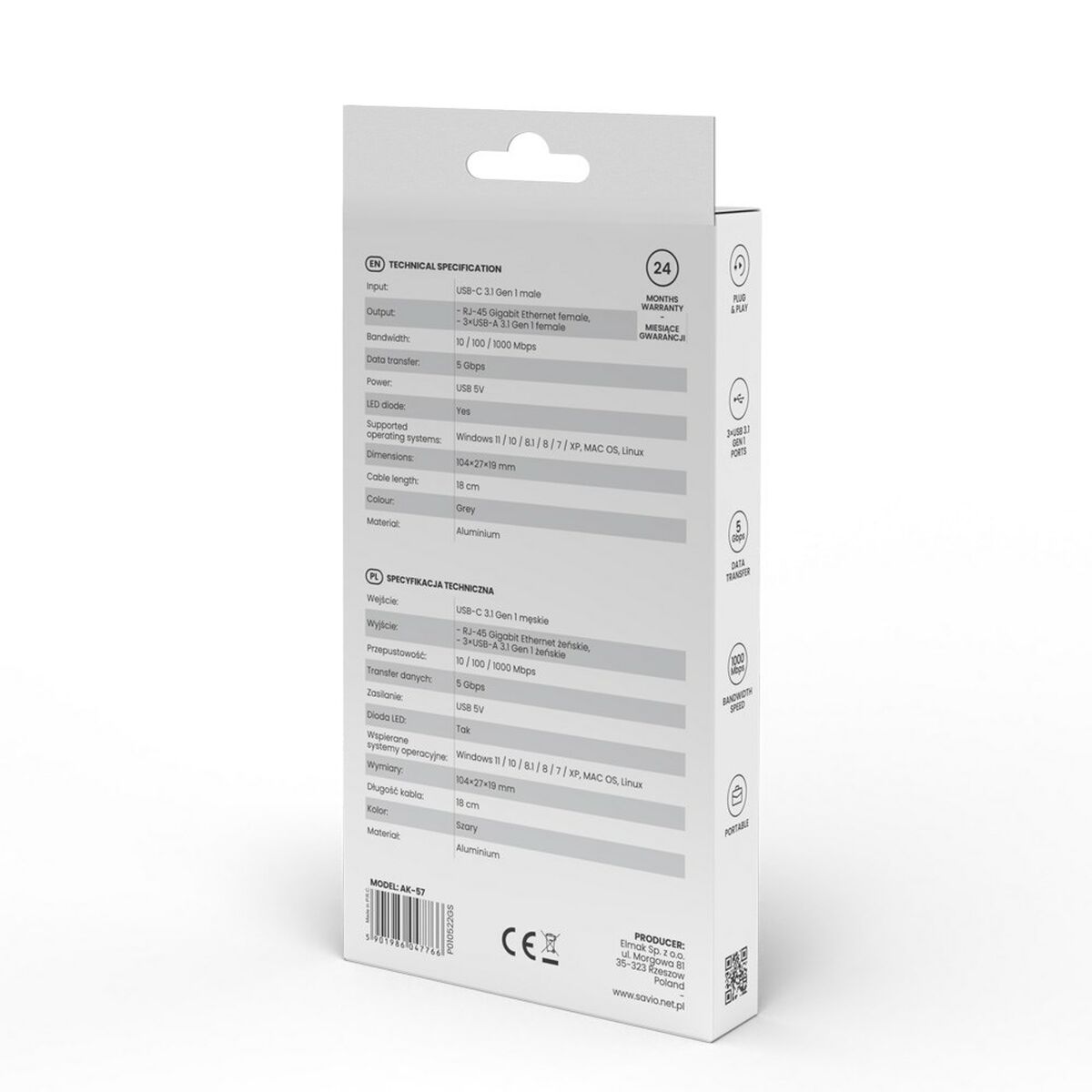 Hub USB-C 4 Θύρες Savio AK-57 Ethernet (RJ-45) Γκρι Hub USB-C 4 Θύρες Savio AK-57 Ethernet (RJ-45) Γκρι