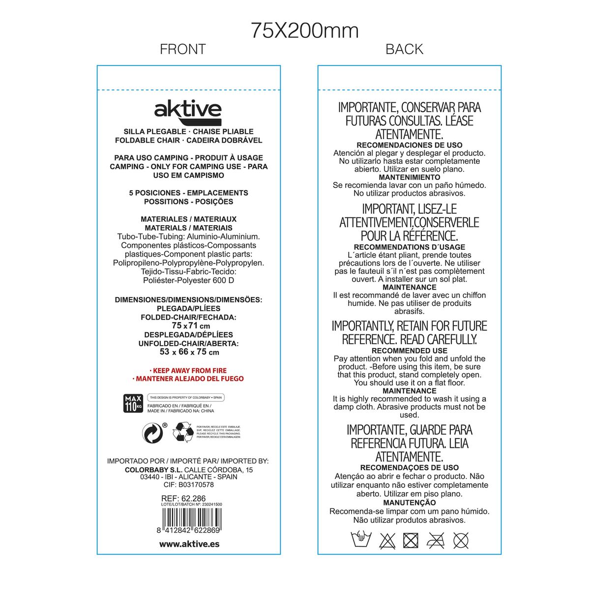 Καρέκλα στην παραλία Aktive Εύκαμπτο Μπλε 53 x 80 x 58 cm (x2)