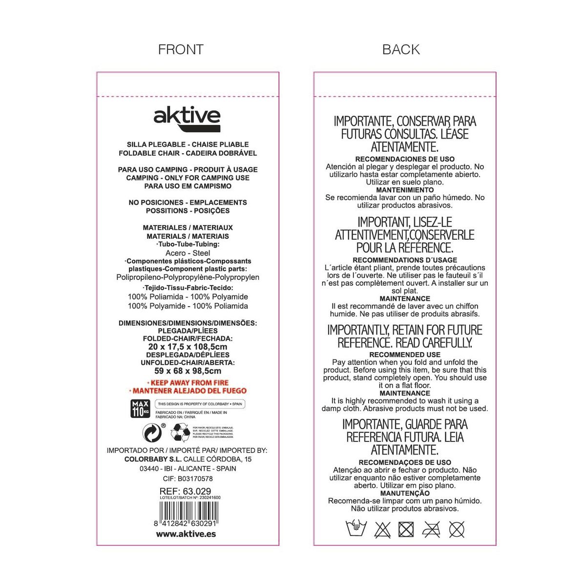 Πτυσσόμενη καρέκλα για κάμπινγκ Aktive Γκρι 59 x 97 x 68 cm (x2)