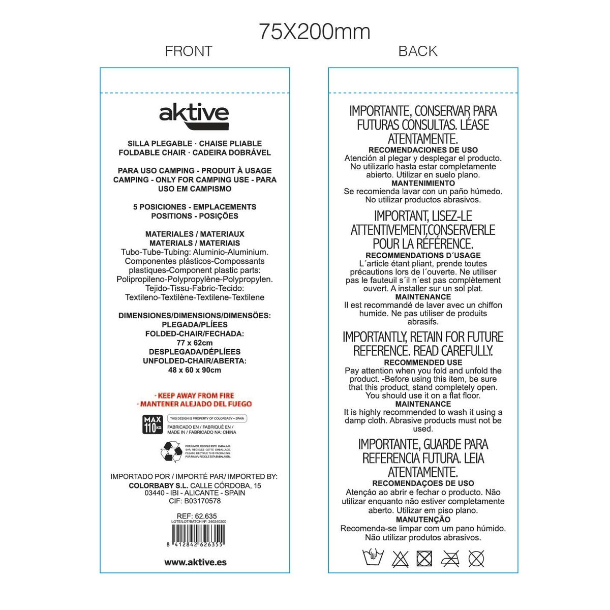 Καρέκλα στην παραλία Aktive Εύκαμπτο Μπλε 48 x 90 x 60 cm (x2)