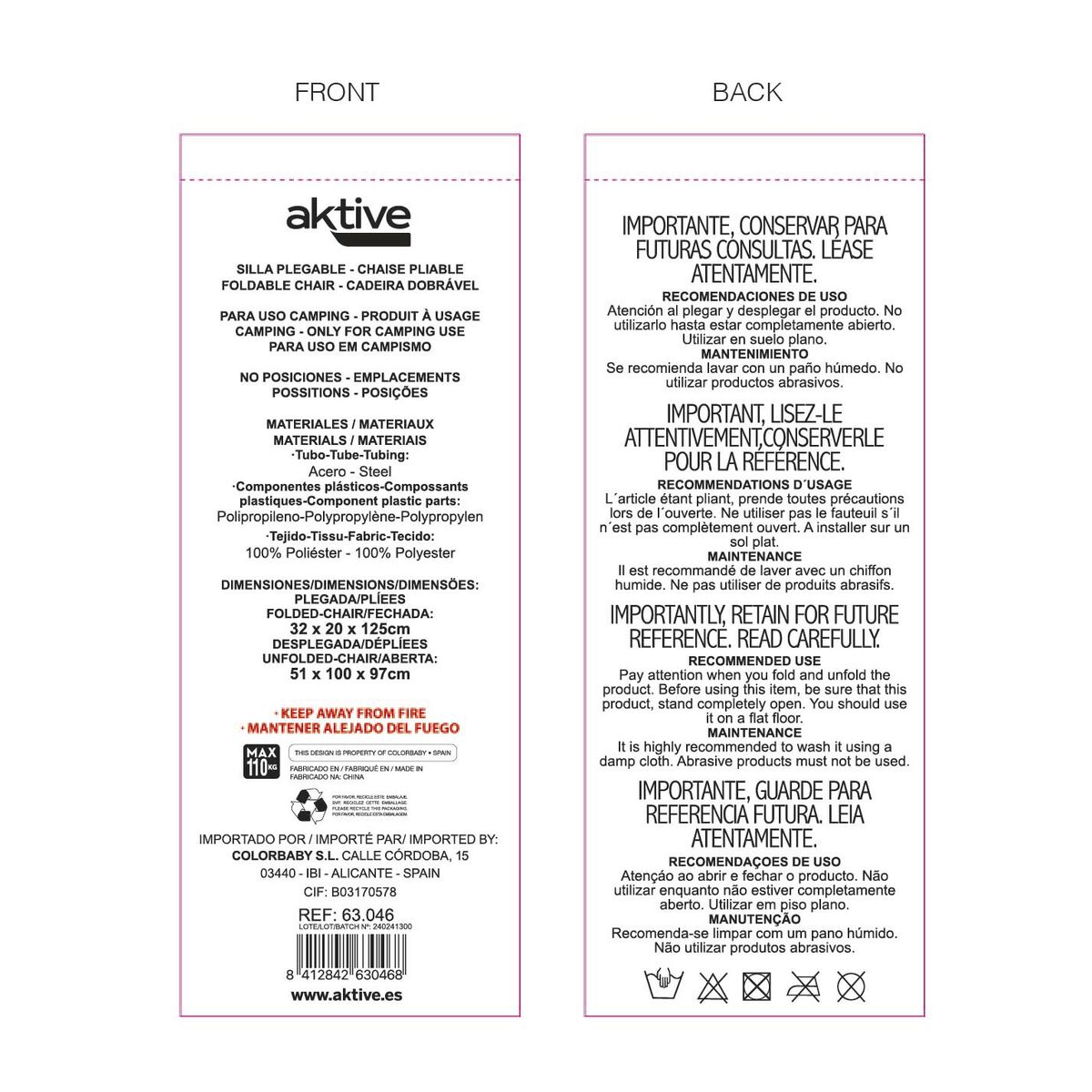 Πτυσσόμενη καρέκλα για κάμπινγκ Aktive 51 x 97 x 100 cm (x2)